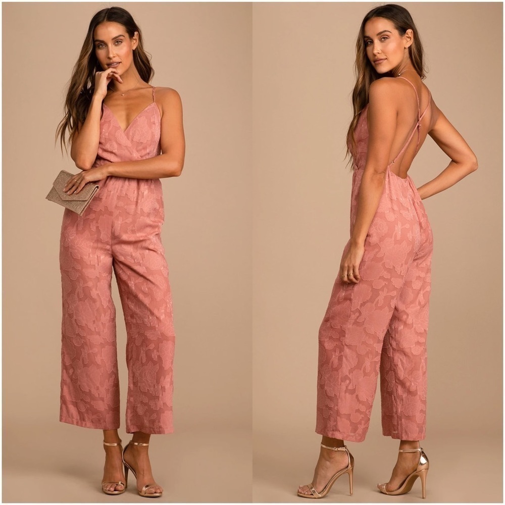 LULU’S Days Of Beauty Rusty Rose Burnout Floral Surplice Jumpsuit